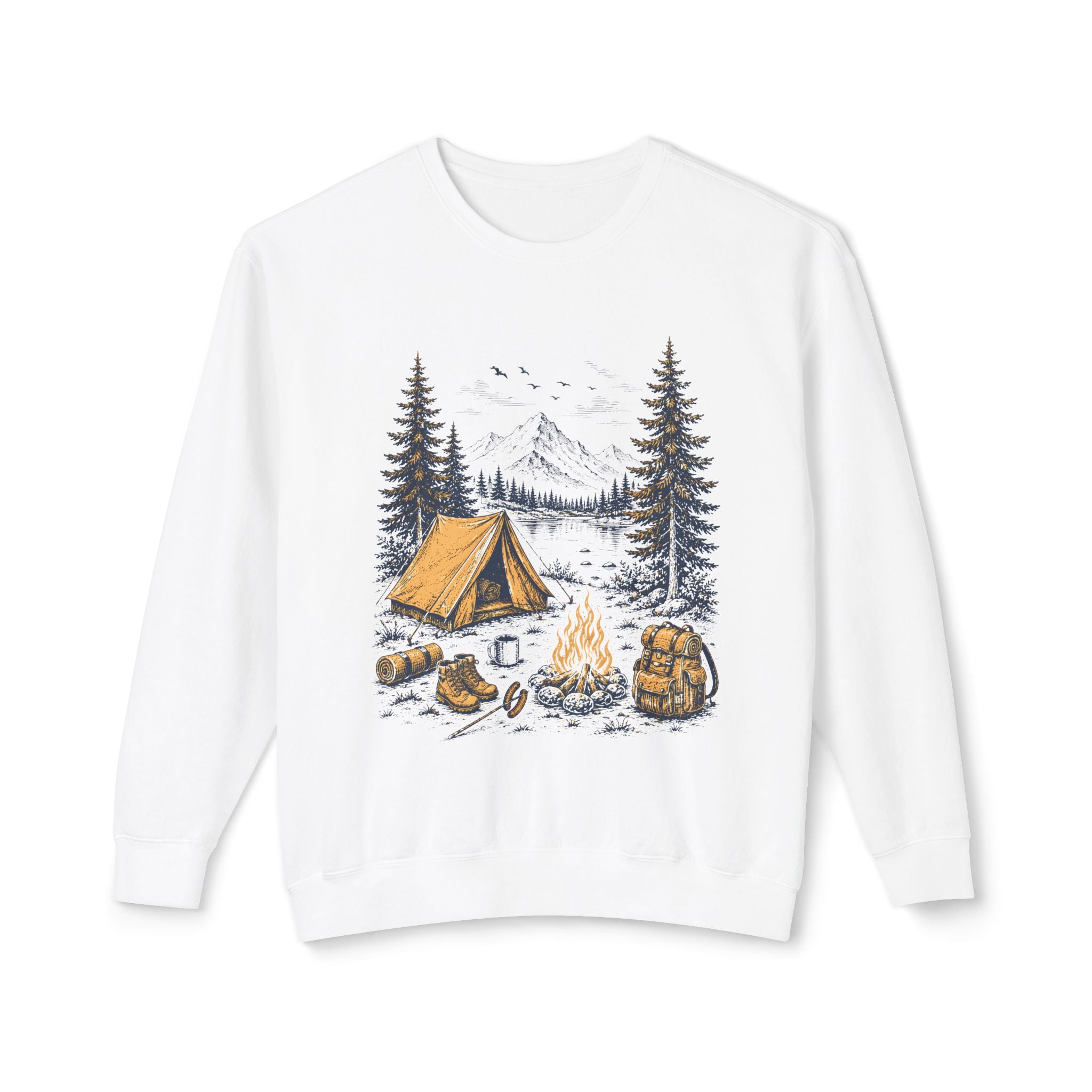 Camping Scene Crewneck Sweatshirt — Mountain Tent, Campfire & Backpack Design