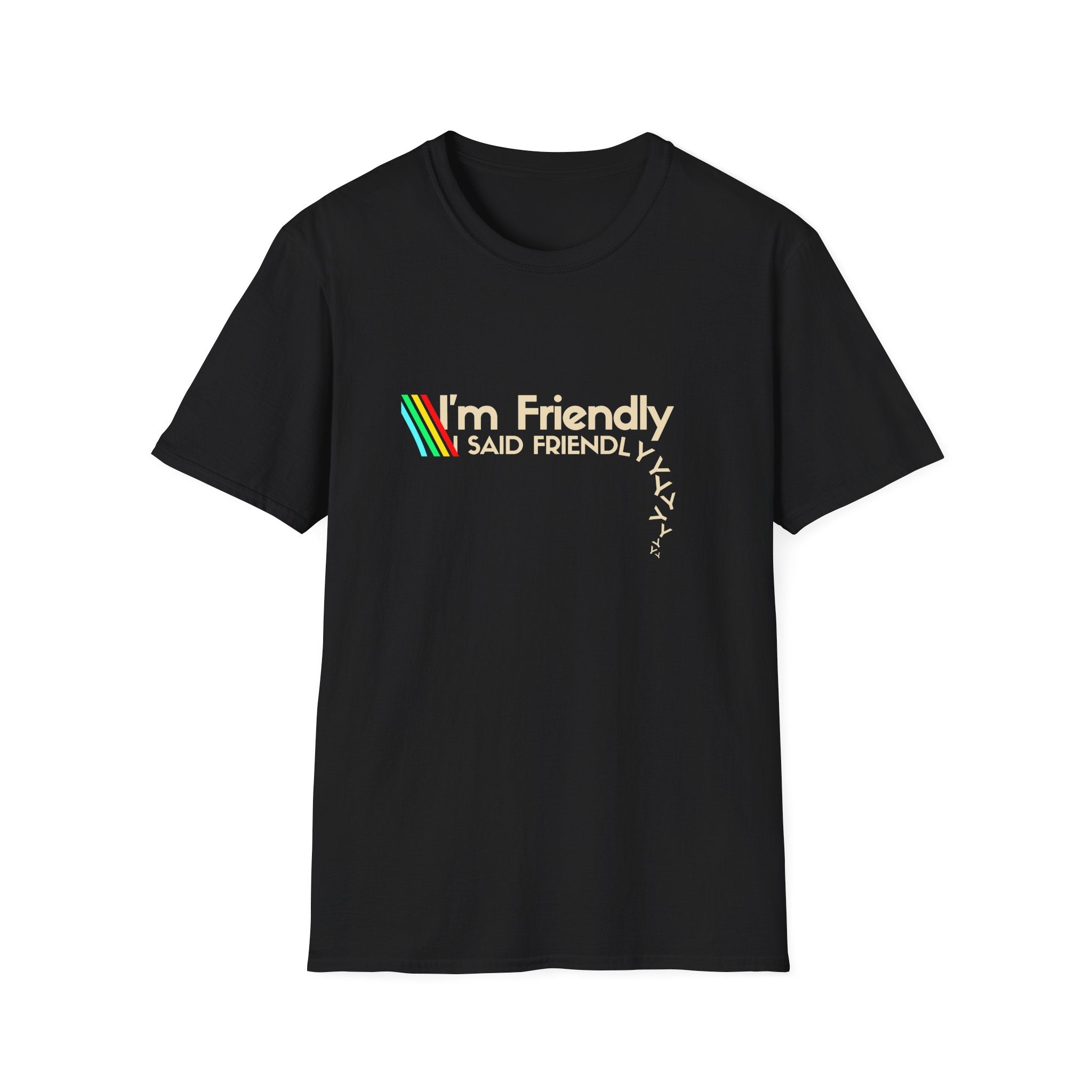 Friendly Retro Tee — "I'm Friendly" Rainbow Graphic T-Shirt
