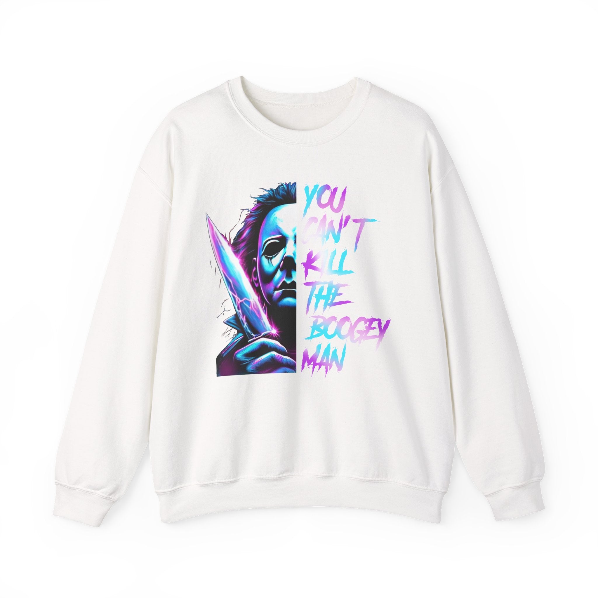 Horror Crewneck Sweatshirt — Neon Michael Myers "You Can't Kill the Boogey Man" Graphic