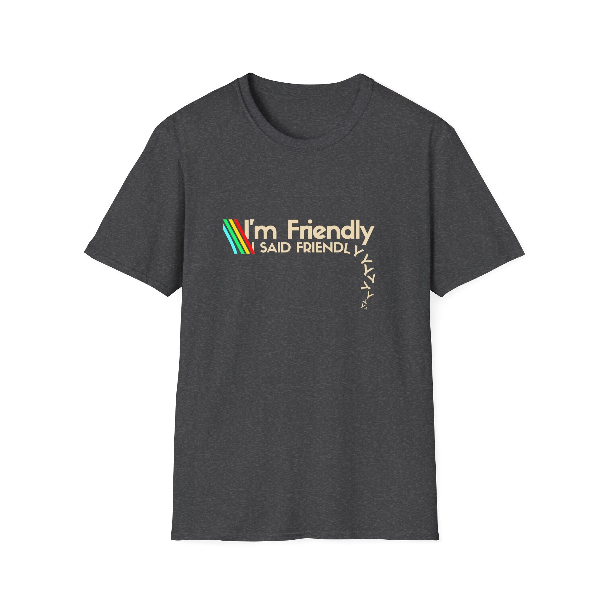 Friendly Retro Tee — "I'm Friendly" Rainbow Graphic T-Shirt