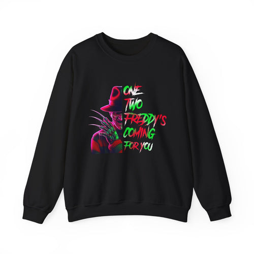 Crewneck Sweatshirt — Neon Freddy Krueger "He’s Coming For You" Horror Graphic