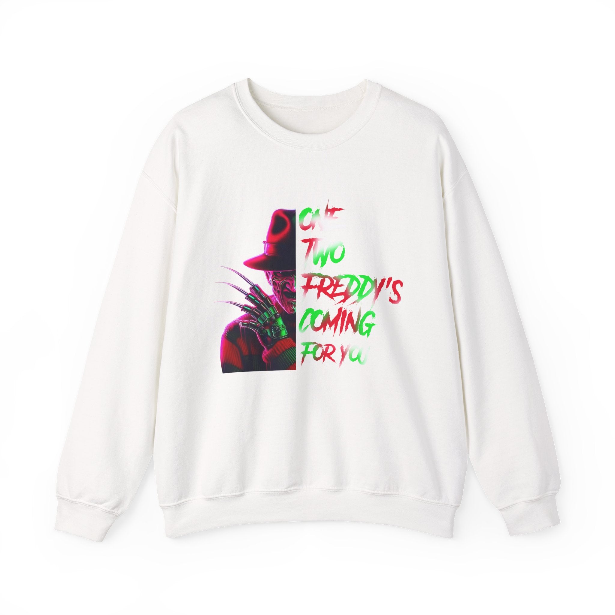 Crewneck Sweatshirt — Neon Freddy Krueger "He’s Coming For You" Horror Graphic