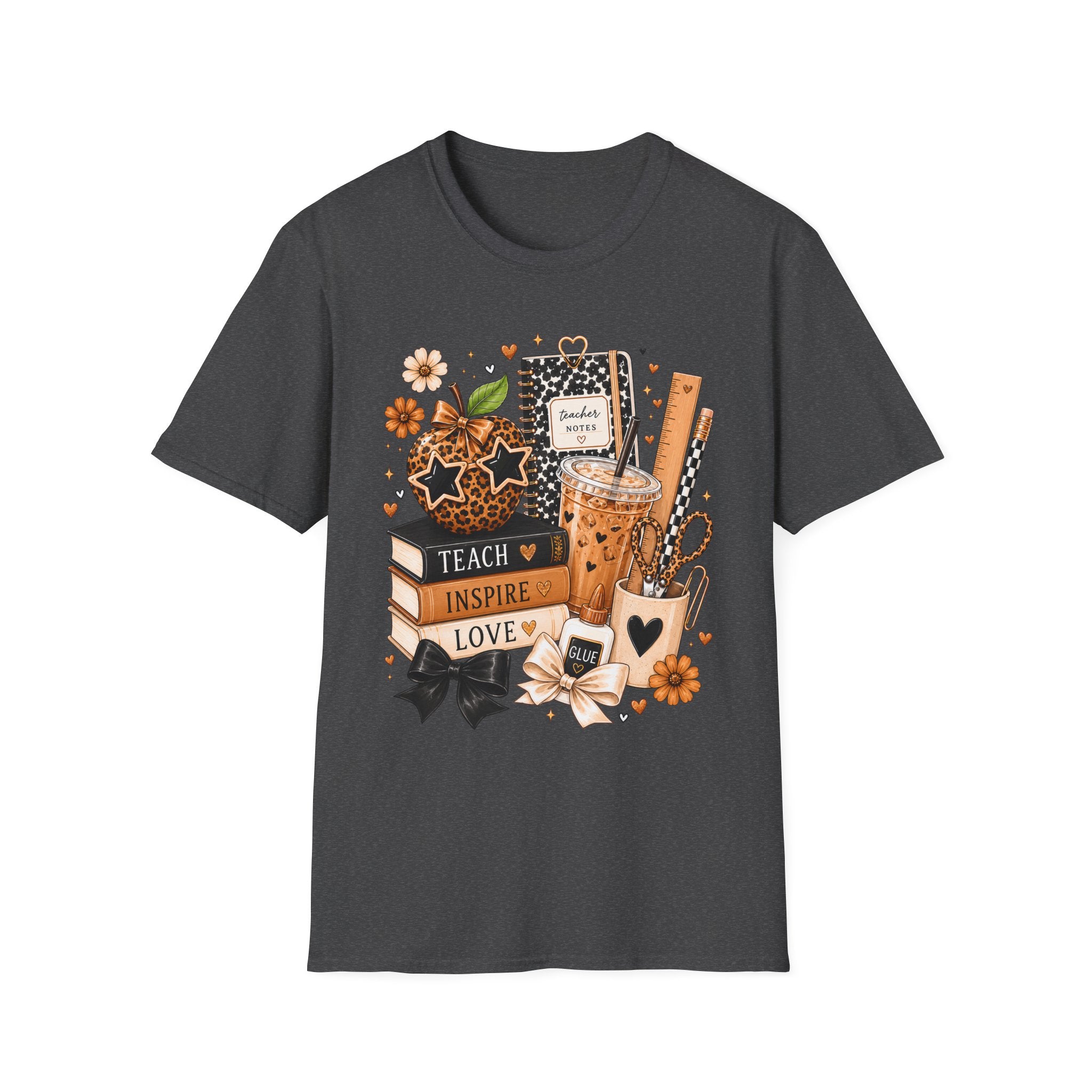 Teacher Notes Cozy Desk T‑Shirt — Peach, Leopard & Boba Classroom Vibes