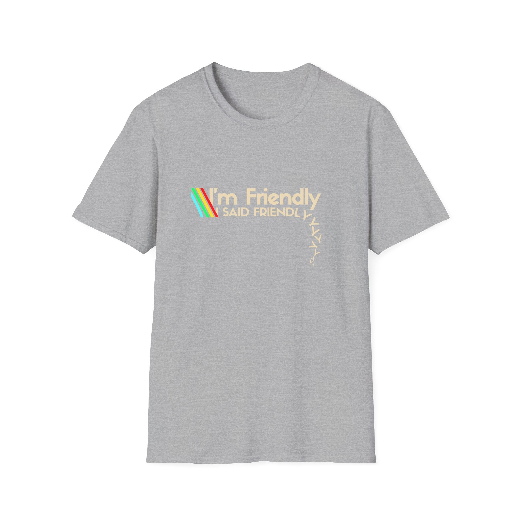 Friendly Retro Tee — "I'm Friendly" Rainbow Graphic T-Shirt