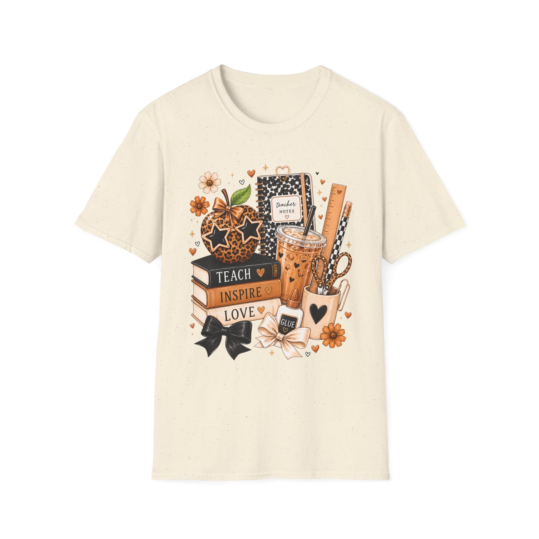 Teacher Notes Cozy Desk T‑Shirt — Peach, Leopard & Boba Classroom Vibes