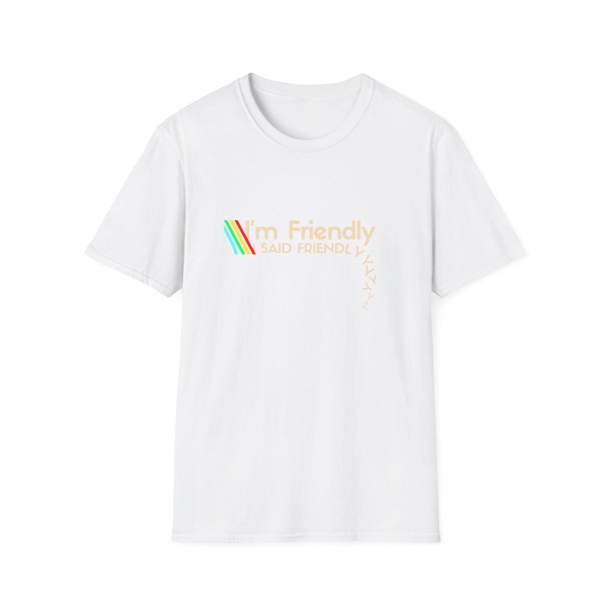 Friendly Retro Tee — "I'm Friendly" Rainbow Graphic T-Shirt