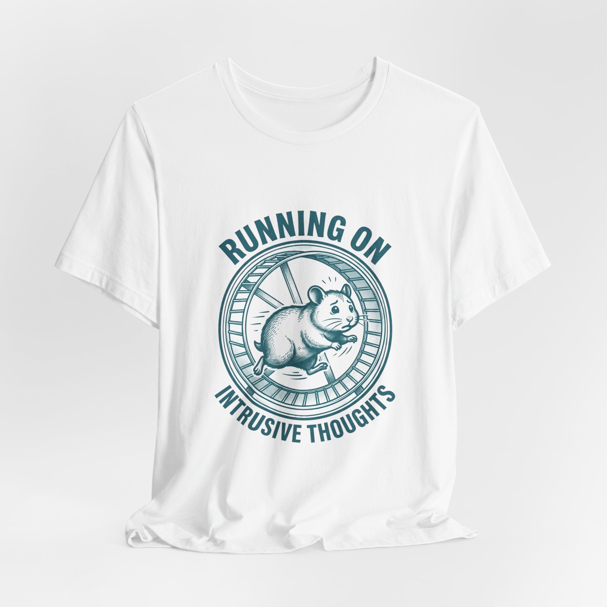 Running on Intrusive Thoughts Tee | Anxious Animal Humor hamster wheel