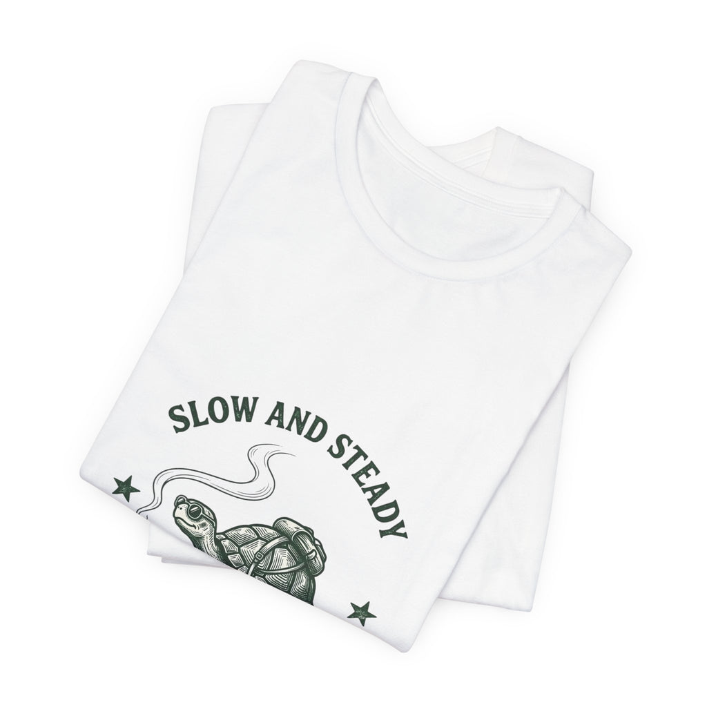 Slow and Steady Smokes Turtle Tee | 420 Stoner Humor, Retro Cannabis Graphic