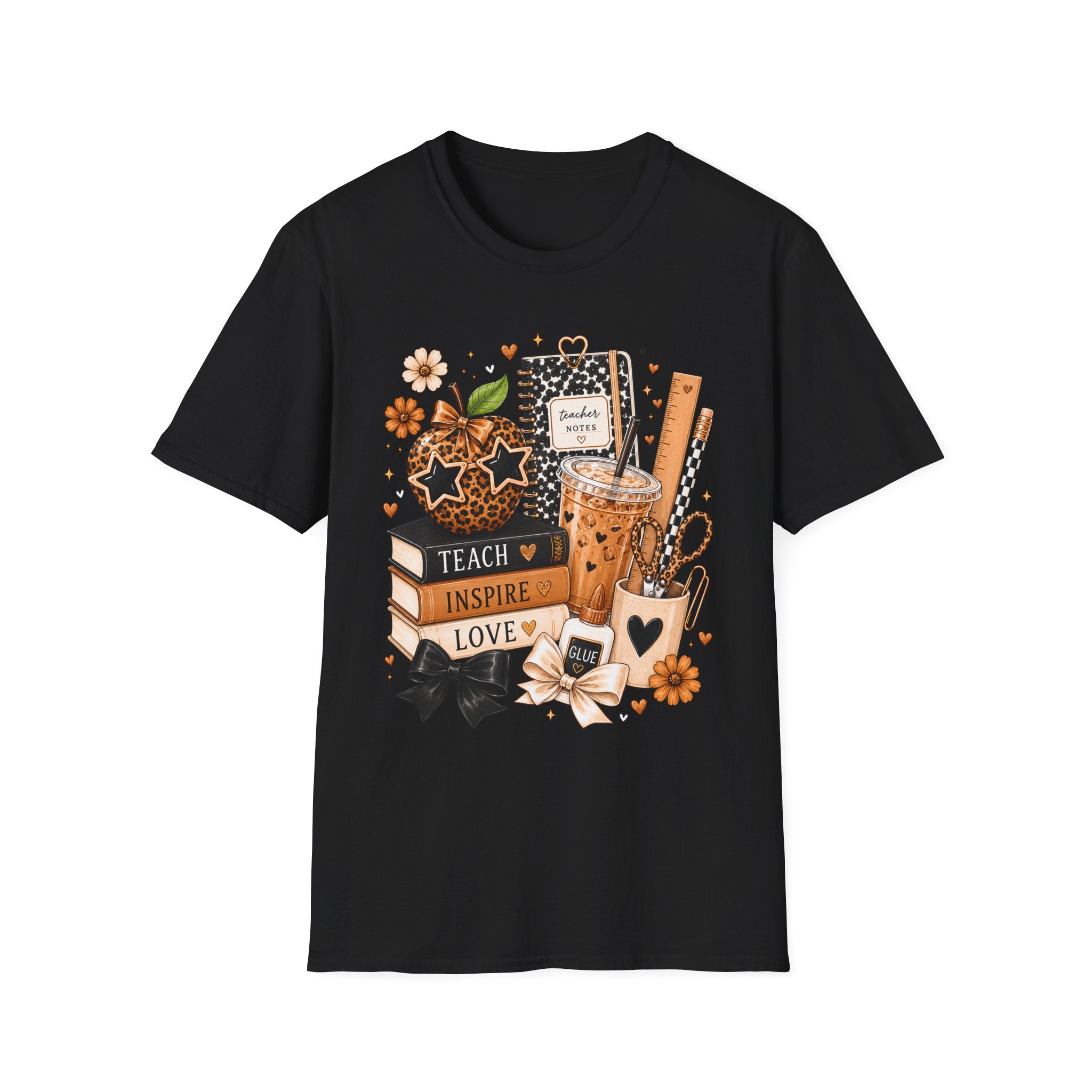 Teacher Notes Cozy Desk T‑Shirt — Peach, Leopard & Boba Classroom Vibes